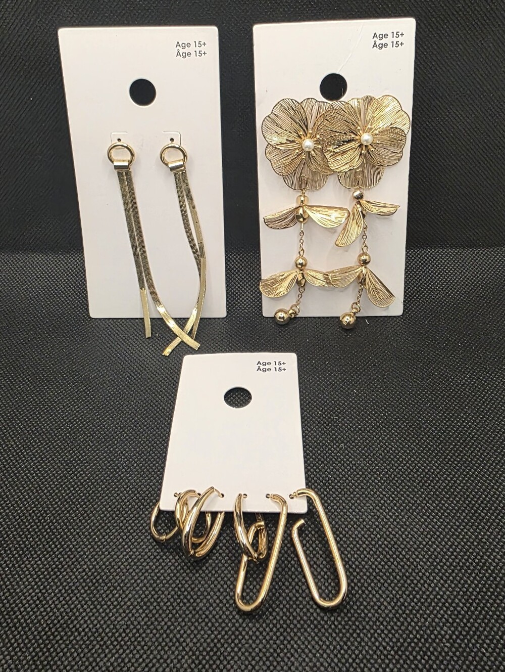 GAP Gold Tone Earrings 3-Pair Bundle Hoop, Chain Tassel & Floral Pearl Statement